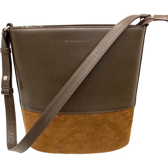 Burberry Shoulder Bag Brown Leather Suede Check Stitching - Picture 2 of 9